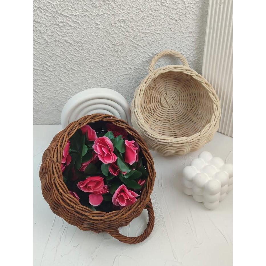 JTTOP" KERANJANG GANTUNG - VAS TEMPEL ROTAN ASLI - DEKORASI DINDING - POT BUNGA HANDMADE RATTAN