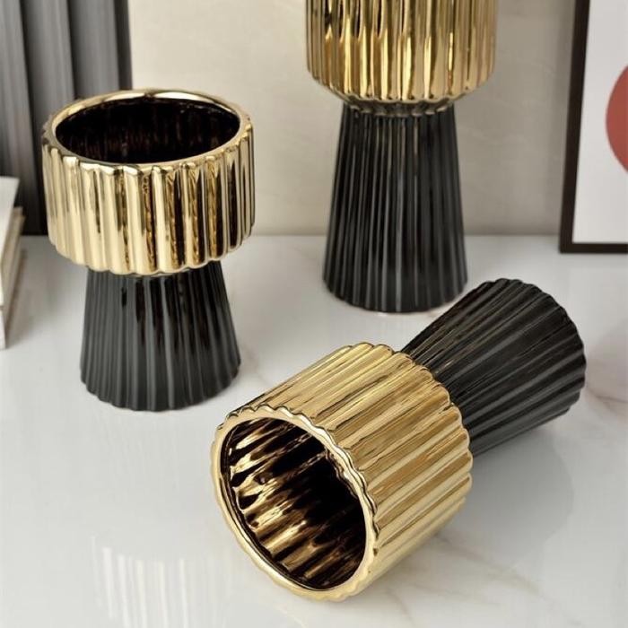 JTTOP" ZELLO VASE GOLD VAS BUNGA KERAMIK PUTIH HITAM GOLD CANTIK BERGARIS BESAR