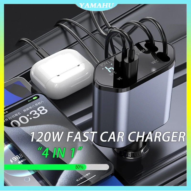 4in1 Retractable Car Charger Colokan Mobil IOS & Type-C Charger Mobil Fast Charging Case Hp Di Mobil