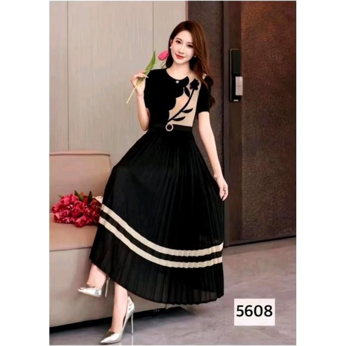 Clavie- Dress Plisket Korea Import 5524/5219 /5521 Glitter Lengan 7/9 Lengan Pendek
