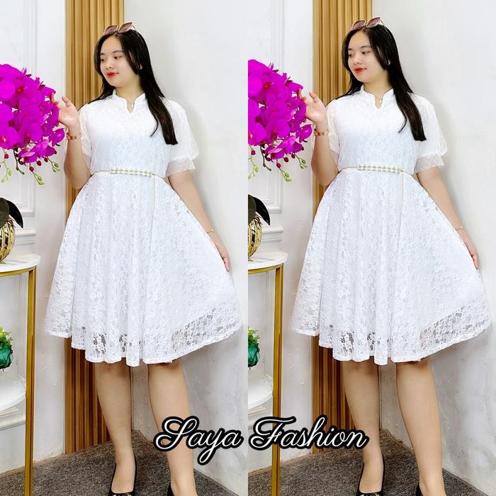 Clavie- Midi Dress Brokat Polos Putih Free Belt 51170 Baju Dress Pesta Kasual