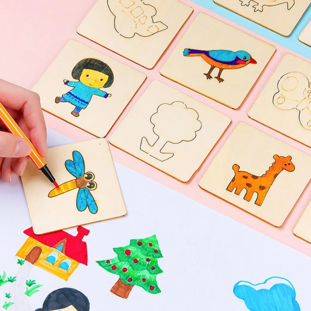 

20Pcs Montessori Kids Drawing Toys Wooden Diy Painting Template Stencils Learning Educational Toys