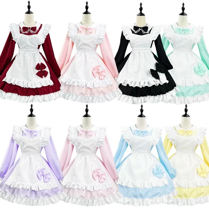 8 Colors Lolita Long Sleeve Maid Dress Costumes Cosplay Maid Dress