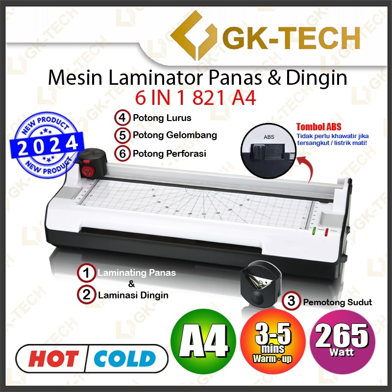 

JH8 Mesin Laminating A4 / F4 6 IN 1 ( 230 mm ) 821/ 822 / 823 Fitur Combo Laminating + Paper Trimmer