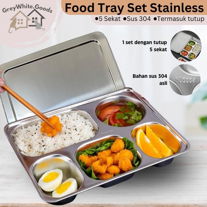 Terlaris Food Tray 5 Sekat + Tutup Stainless 304 Nampan Makanan Ompreng 5 Sekat Kotak Makan