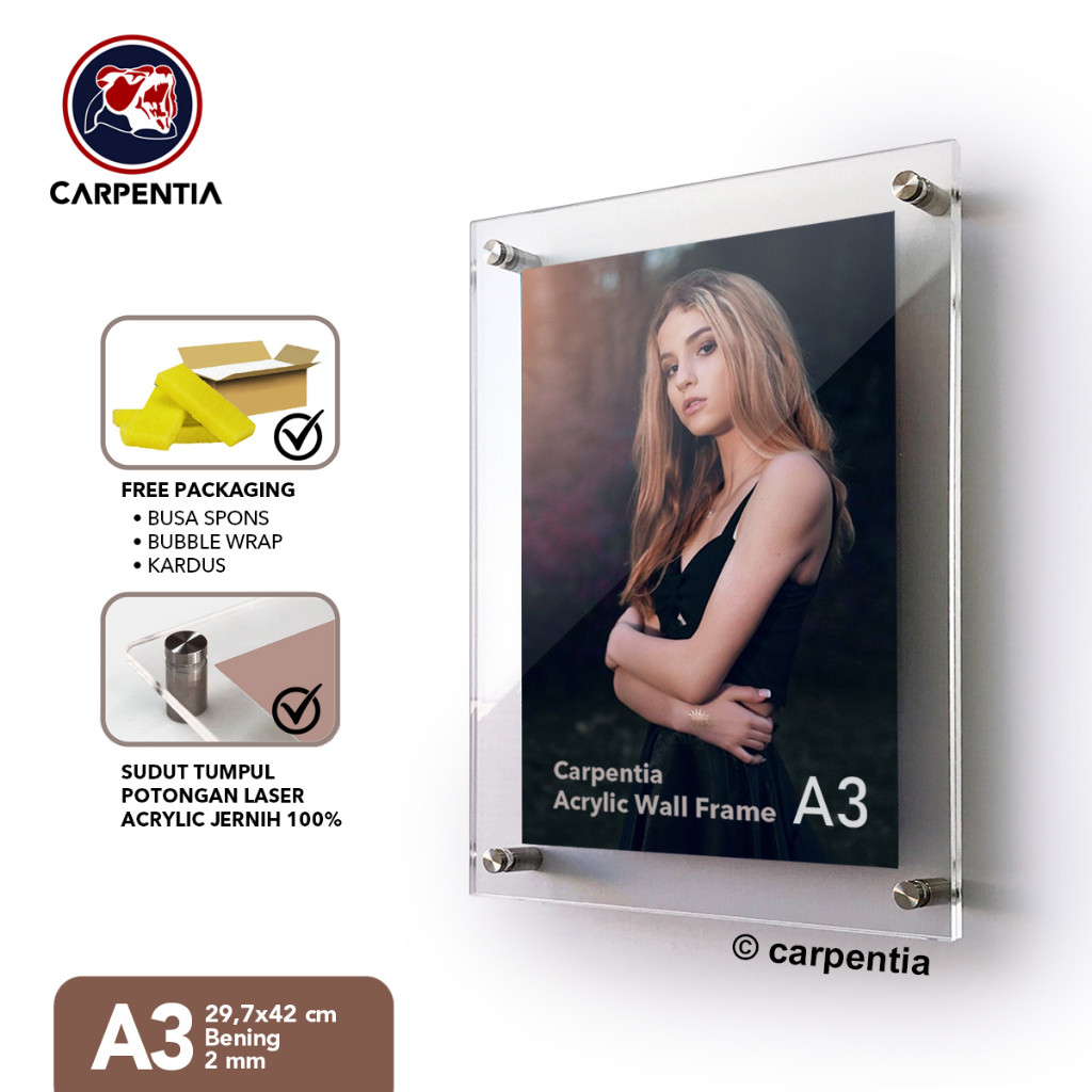 Carpentia Bingkai Foto Akrilik Dinding / Acrylic Wall Frame / 2 mm / A3 Bening [Pigura Akrilik,