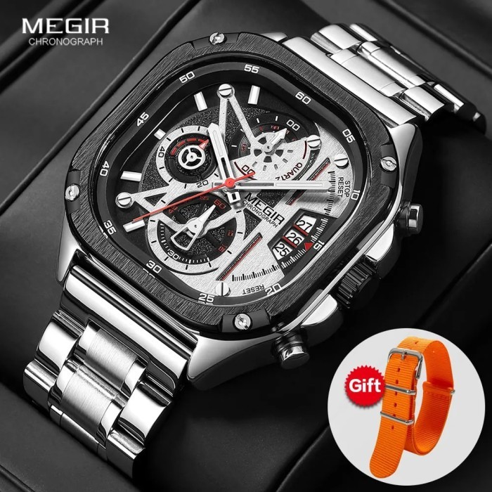 MEGIR Square Dial Quartz Watch Men Fashion Chronograph Stainless