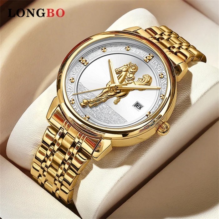 LONGBO Fashion 3D Embossed Gold Horse Dial Men Quartz Watch Stainless