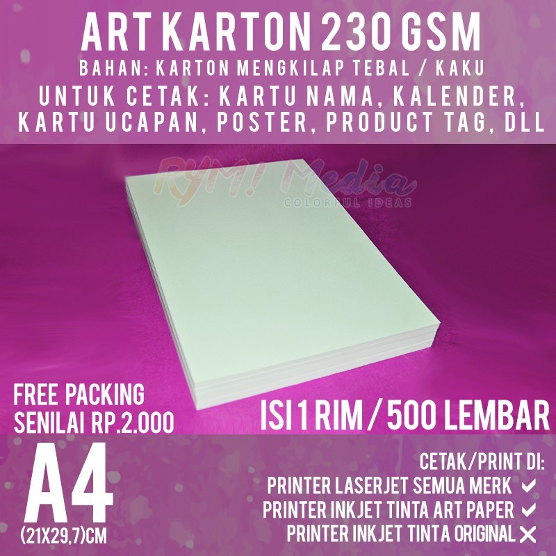 

lembar Art Karton 230 gsm A4 / Kertas Art Carton Paper Glossy 230 gram isi 1 RIM