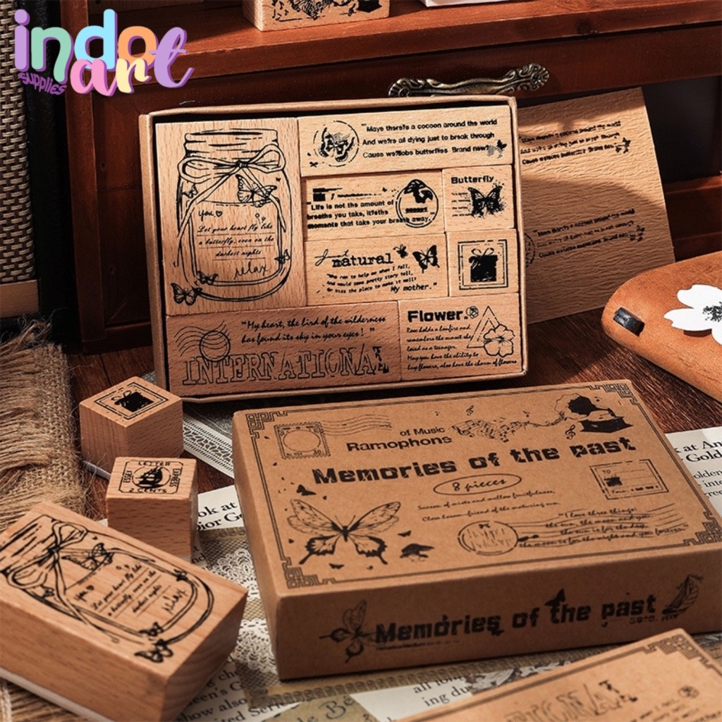 

(IAS) Wooden Stamp Stempel Memories of Jar Ramophone Music Butterfly Letter Post Retro Vintage