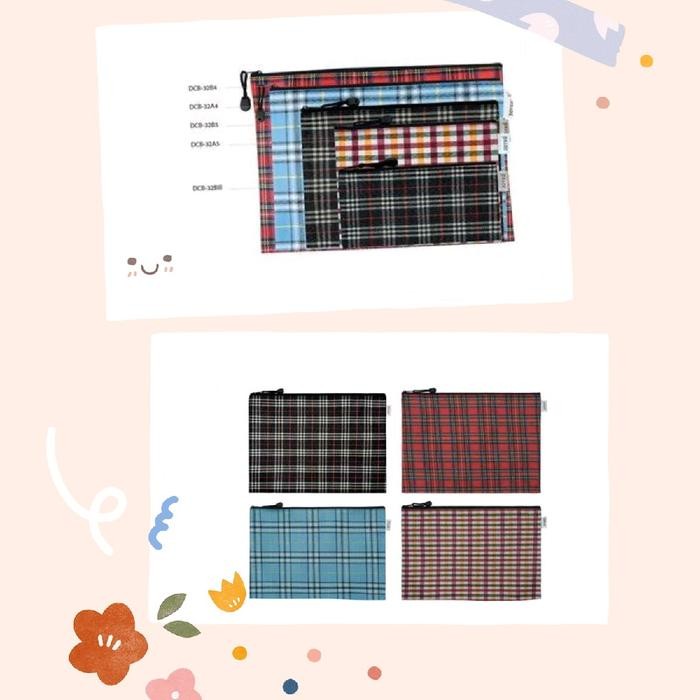PREMIUM JOYKO DCB32 ZIPPER DOCUMENT BAG MAP TAS DOKUMEN KAIN RESLETING MOTIF KOTAK TARTAN B4 A4 B5