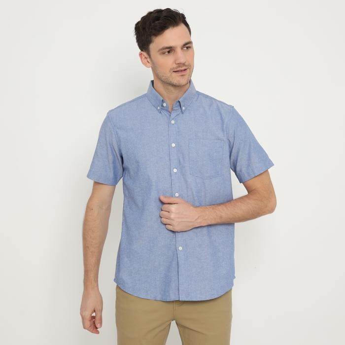 PLATINI KEMEJA PRIA POLOS OXFORD PENDEK DUSTY BLUE 1069
