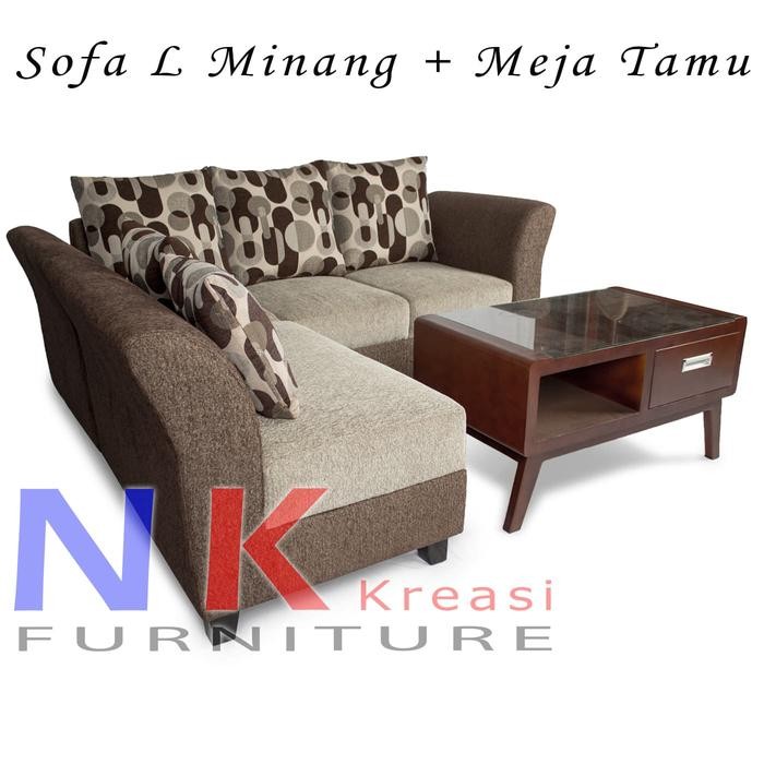 Terlaris Sofa Set, Sofa Tamu L Coklat + Meja Retro Cantik