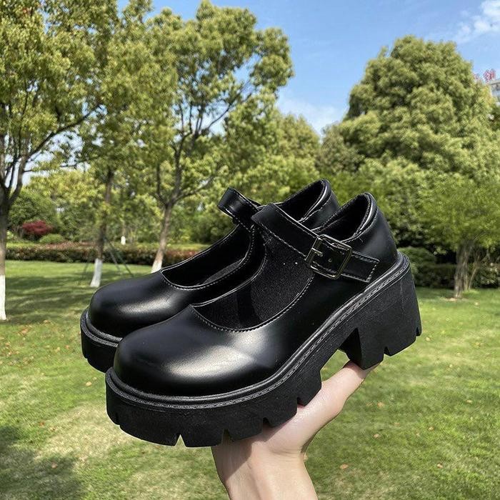 Minang Bilgev Docmart Mary Jane Sepatu Pantopel Hitam Kerja Sepatu Hak Tinggi Wanita Korea 039