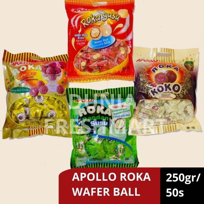 

Apollo Roka Wafer Ball 50s( (300gr/250gr)Original/Susu/Pandan/Koko APOLLO COKLAT Sneck Jadul Biskuit