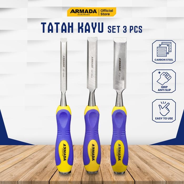 

Tatah Kayu SET 3 PCS ARMADA Gagang Karet Tatah Kayu Hi-carbon Ukir Pahat Kayu Tukang carpentry wood