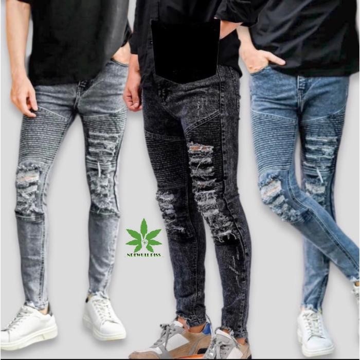 CELANA JEANS BIKERS RIPPED - JEANS PRIA RIPPED - JEANS STREETCH SKINNY FIT - CELANA BIKERS SOBEK -