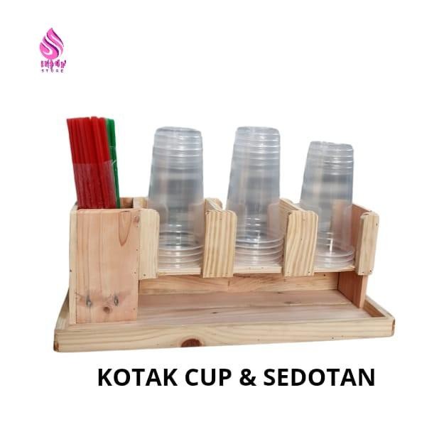 HOT SALE Rak tempat cup gelas plastik dan sedotan kayu jati 2 slot