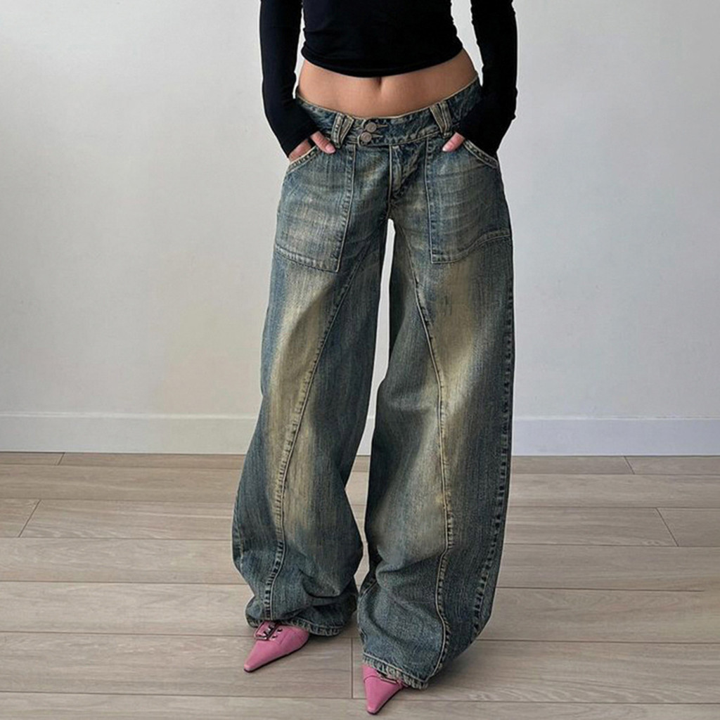 Women Low-Rise Baggy Full Length Pull-On Trousers Vintage Denim Washed Jeans Pockets