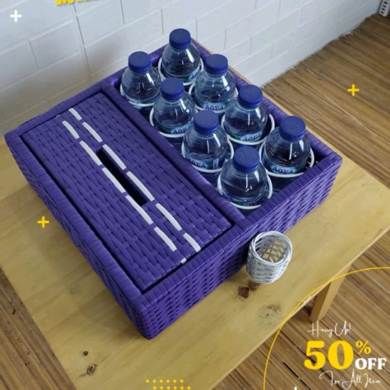 Tempat Aqua + Tisu 2in1 / Keranjang Air Mineral Dan Tissue / Wadah Aer Plus Tissu Aesthetic Rotan