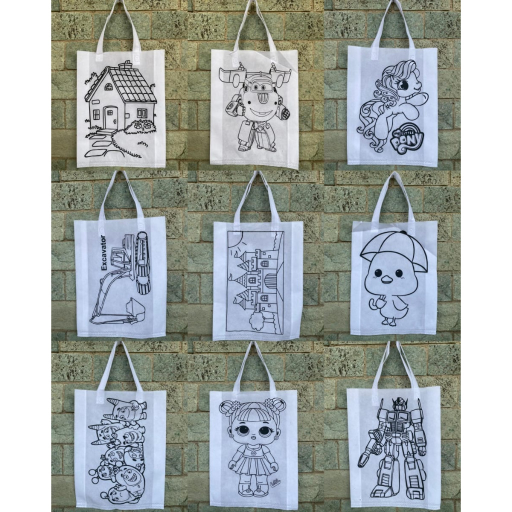 

Paket 10 pcs Tas spunbond mewarnai Tali 30x40x8 - Goodie bag mewarnai / melukis anak / lukis tas /