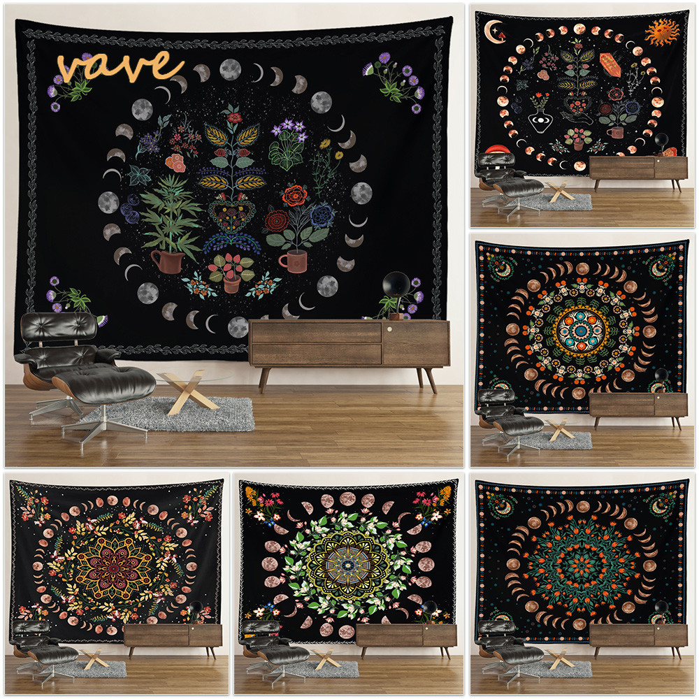 Permadani Fase Bulan Hiasan Dinding Hitam dan Putih Boho Hippie Mandala Kain Kain Permadani Bunga De