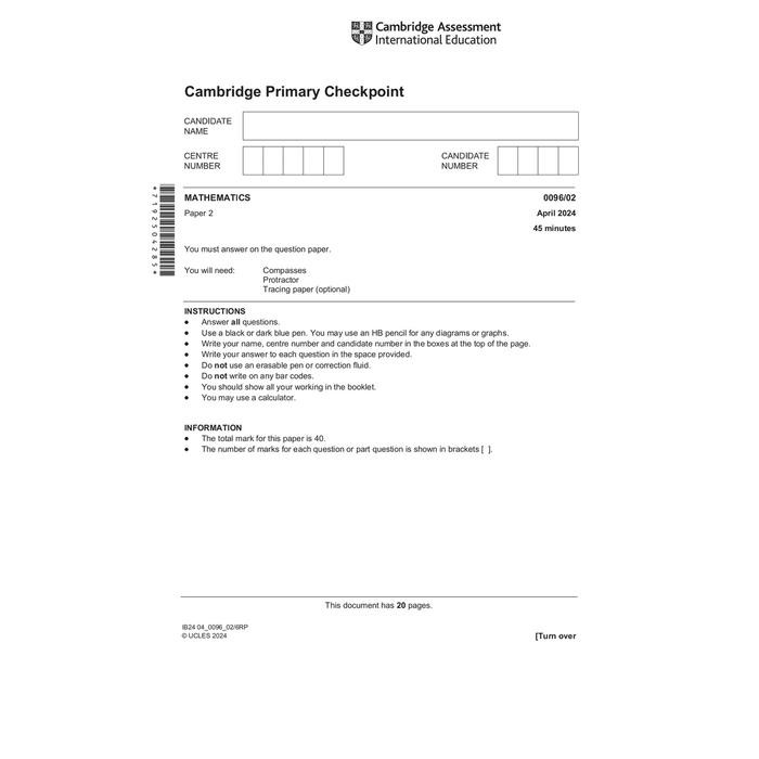 

PROMO PRIMARY CHECKPOINT MATH 0096 APRIL 2024 PAST PAPERS AND MARK SCHEMES READY