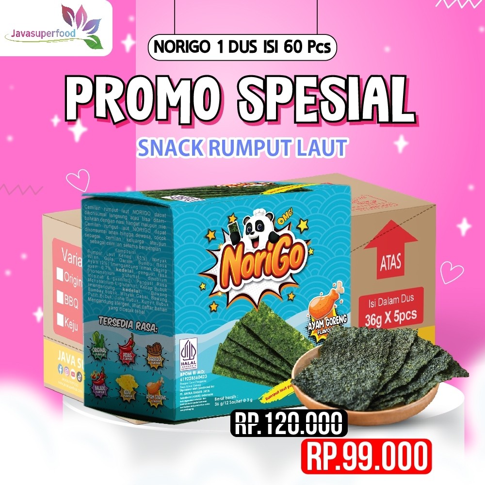 

Norigo Ayam Goreng (1 DUS ISI 5 PACK) FREE 10 PCS / Nori Sachet Seaweed Snack 3g Rumput Laut Halal