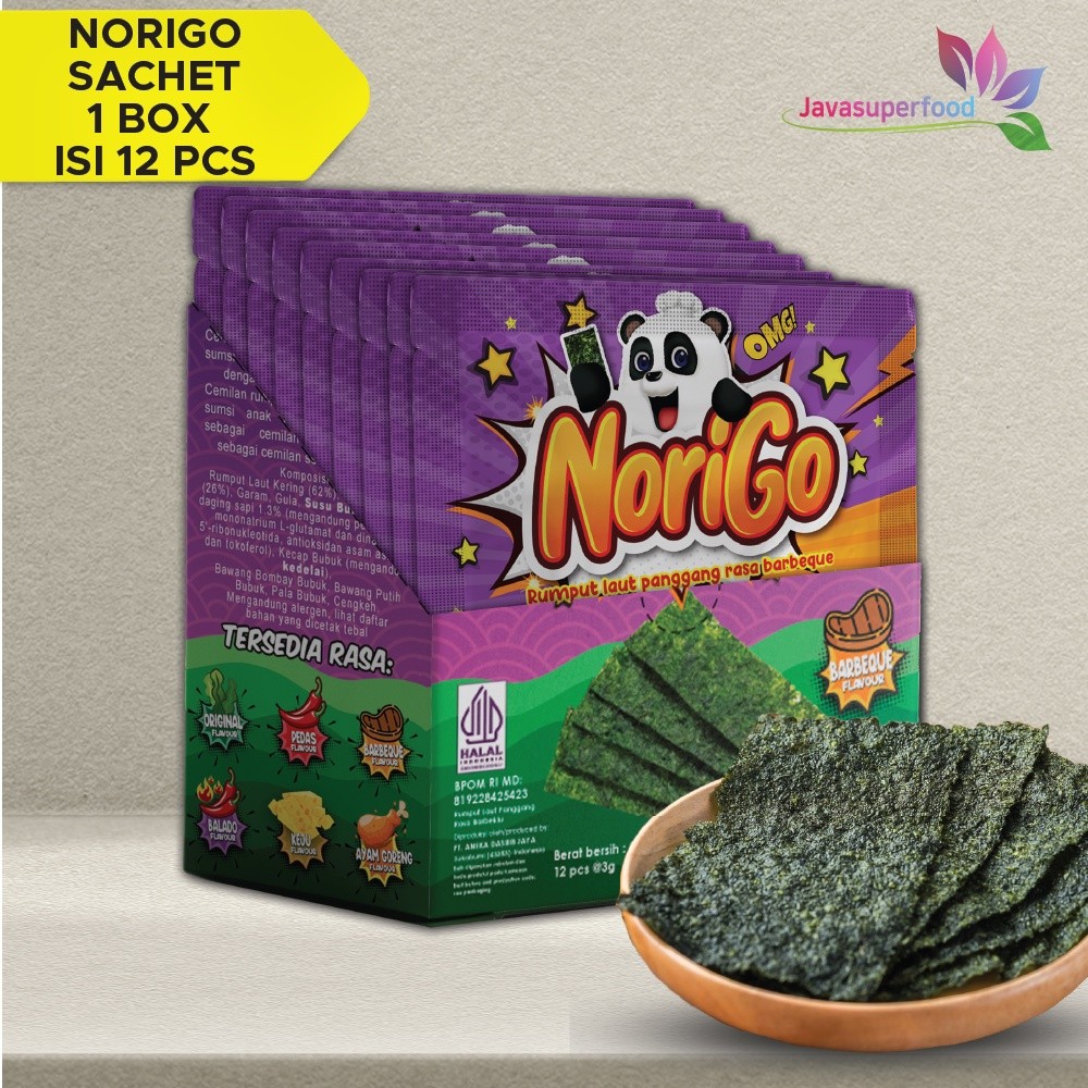 

[Halal] Norigo BBQ (1 BOX ISI 12 PCS) / Nori Sachet Seaweed Snack 3g Rumput Laut Halal Rasa BBQ
