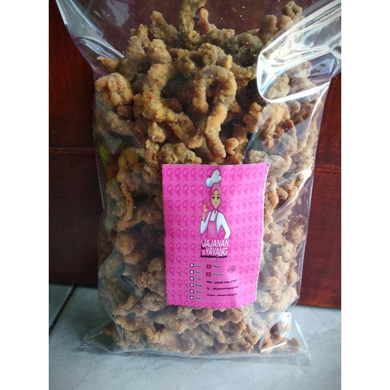 

Restokobar Keripik Usus Crispy 500Gr Kriuk Cikruh Ginal & Pedas Gurih Jajanan Cemilan Kerupuk Krispi