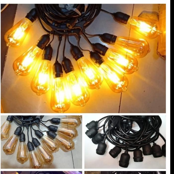 PAKET LAMPU GANTUNG OUTDOOR 20 METER + 20 LAMPU FILAMENT EDISON CAFE