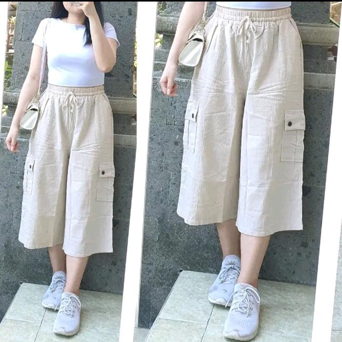 PREMIUM celana kulot cargo 7/8 linen kekinian karet nyaman santai standar jumbo
