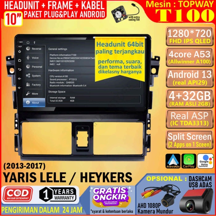 PREMIUM Paket Headunit Android 10 inch + Frame + Soket PNP Toyota Yaris Lele Heykers Topway T100 RAM