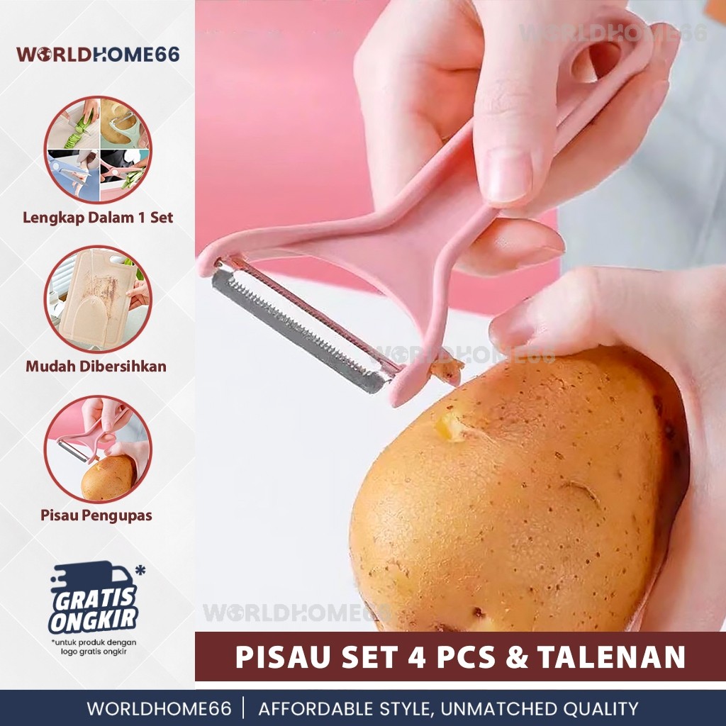 Worldhome Pisau Dapur Set Isi 5 Pcs Pisau Set 5 Pcs Pisau Viral Set Pisau Stainless Steel + Talenan