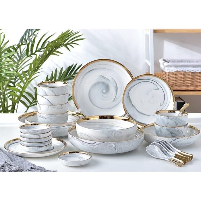 Piring Makan Marble Set 26Pcs Mangkok Pink