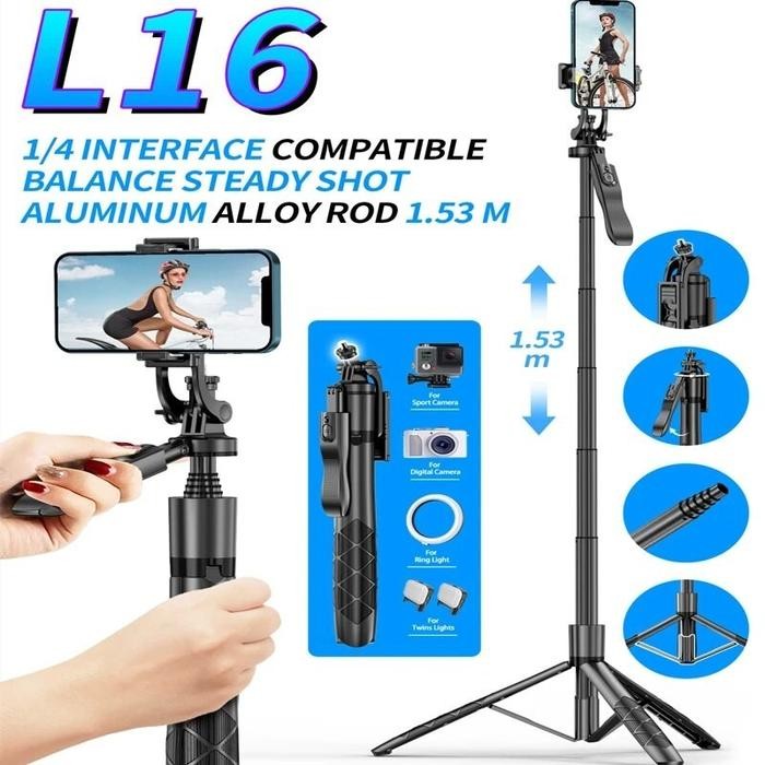 L16 Tongsis Tripod Bluetooth Selfie Stick Remote Tripod HP Kamera Monopod for Gopro Tripod Lampu LED