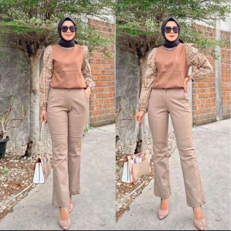 Pola Mewah Upgrade Highwaist Hw Cutbray Katun Manggo Strech Premium Celana Kantor Celana Bahan