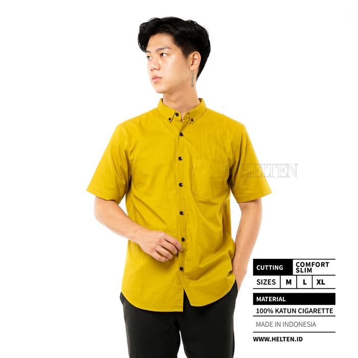 

Terlaris Helten Kemeja Basic Polos Kuning Kunyit Lengan Pendek Slim