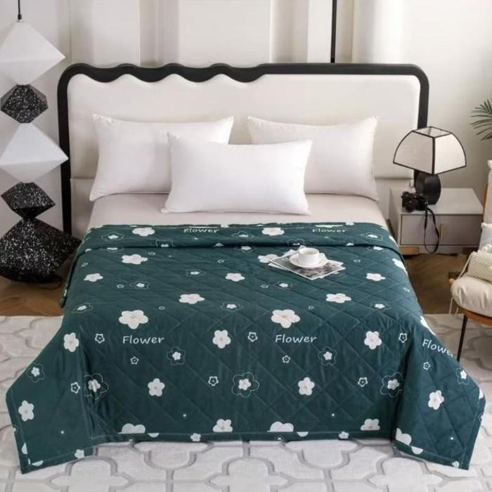 SRH Indonesia Selimut bordir katun hijau bunga 180x200cm badcovertipis