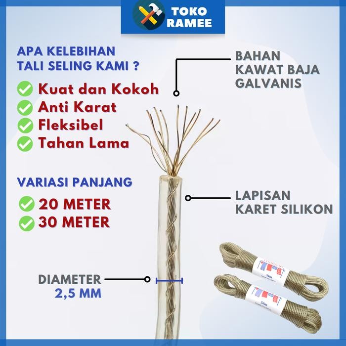 DISKON Tali Kawat Jemuran Seling 20 M / 30 Meter Baju Pakaian Dalam Dapat Disesuaikan Portabel /