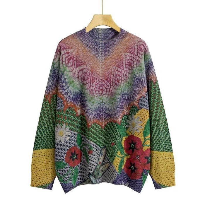 Tasya Sweater Floral Motif Bunga Bulu Premium Oversized Fashion Retro Terbaru Lembut Knitwear