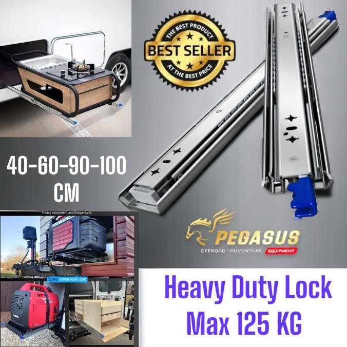 Heavy Duty Drawer Slide With Lock Rel Laci kunci 40 60 90 100cm 125kg terbaik
