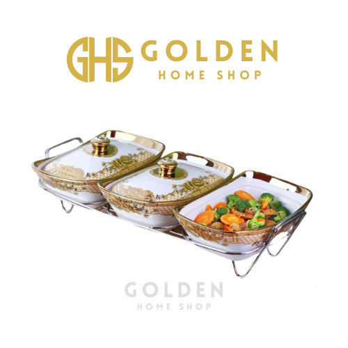 GHS - 3 Tungku Prasmanan Motif Gemini Dengan Tutup Keramik Kaca Wadah Saji Gold Tempat Penyimpanan