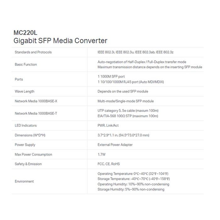 Paling Berkualitas Tp-Link Media Converter Gigabit Sfp Tl-Mc220L