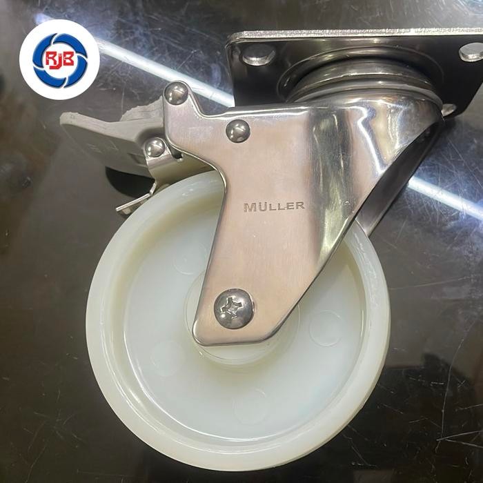 PREMIUM Roda Caster Troli Trolly Nylon Putih 4 Inch Rem MULLER Stainless