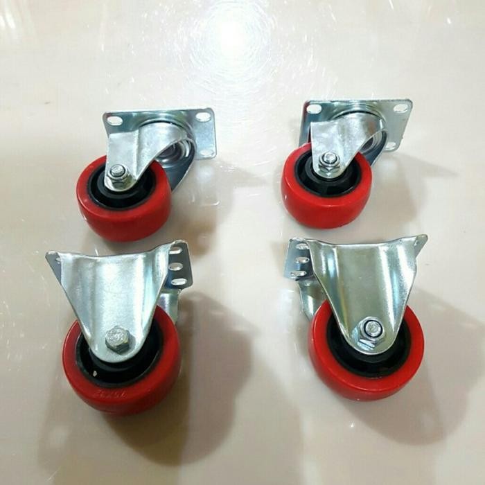 PREMIUM Roda troli pu merah 3 inch 2 hidup 2 mati roda PU merah 3 inch