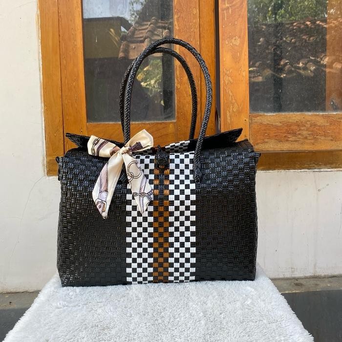 PREMIUM Tas Anyaman Tutup Muat 10 Kg Buat Belanja Wanita Tote Plastik ringan khaky blue tas belanja