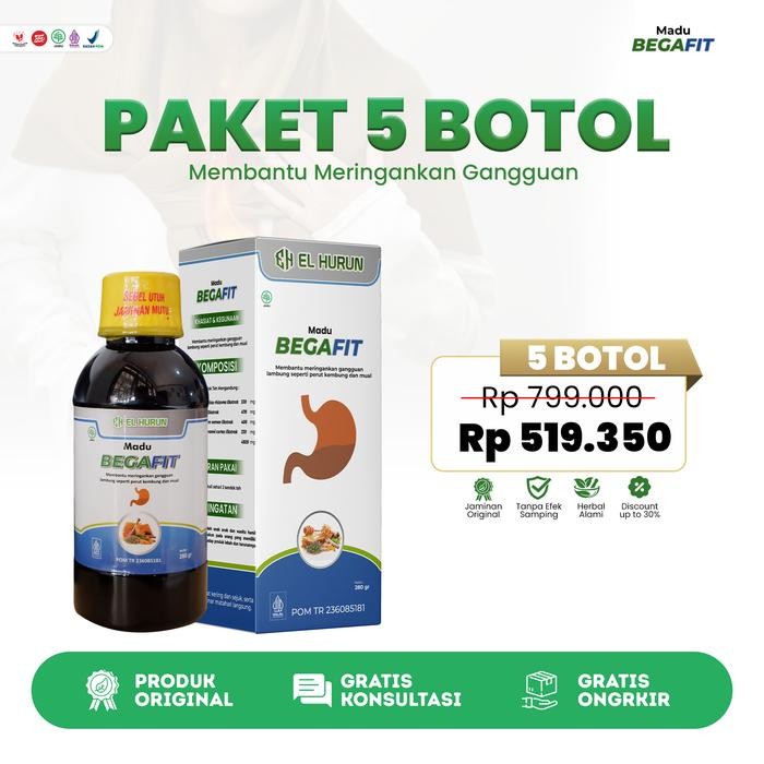 

Paket 5 Botol Madu Herbal Begafit - Solusi gangguan Asam Lambung, Sakit Maag, Perut Mual dan Kembung