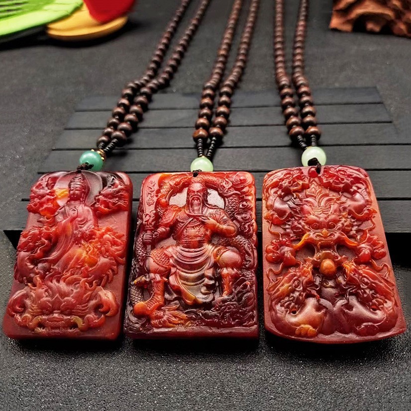 Kalung Kotak Batu Merah / Kalung Ukir Naga Guan Yu Guan Yin Buddha / Liontin Persegi 2 Sisi Motif