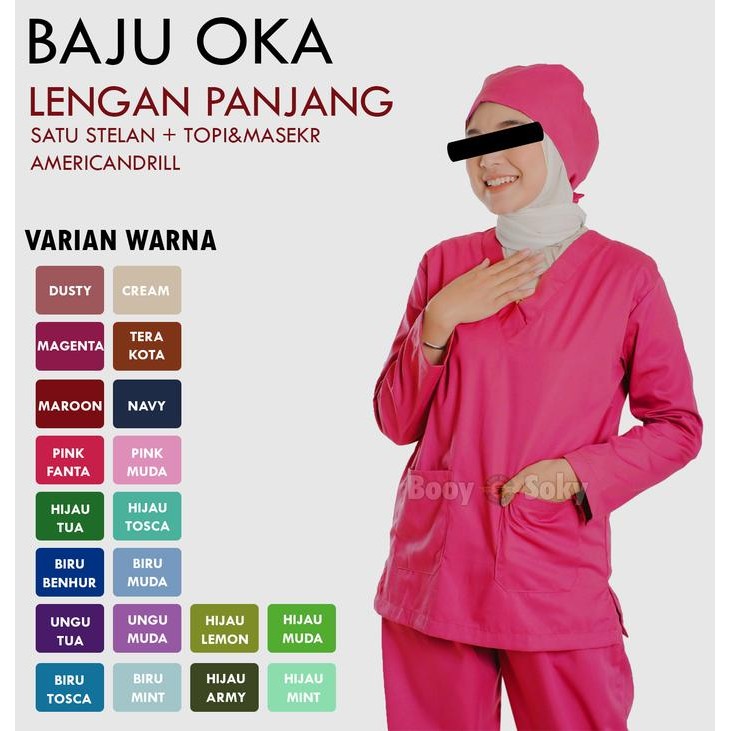 Baju Dinas Malam Oka Ok Lengan Panjang / Seragam Kerja Perawat Pria/Wanita Warna Pink Fanta Celana